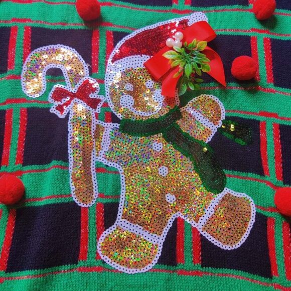 Gingerbread Man Plaid Sequins Ugly Christmas Sweater Womens L Rebecca Malone - Picture 2 of 8